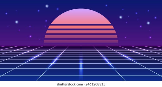 Neon synthwave background; 80"s retrowave; Sunset and night sky, neon grid lines, light glowing effect. Cyberpink futuristic vector illustration