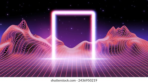 Neon synthwave game background with arch and retro grid. Cyber space retrowave abstract vaporwave with gate and aesthetic wireframe effect for mountain landscape. 1980 night disco floor with door