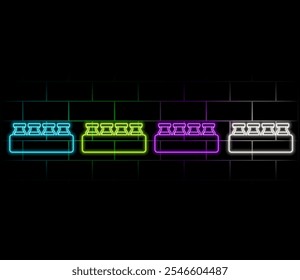 Neon syringe and covid-19 vaccine vial icons isolated on black background. Vaccination, coronavirus pandemic, treatment concept. Night signboard style. Illustration.