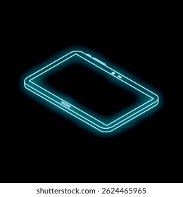 Neon tablet glowing on a black background, representing futuristic technology and innovation