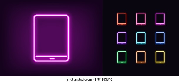 Icono de neón tablet. Signo de neón brillante, conjunto de dispositivos aislados en diferentes colores vivos. Icono brillante, signo, símbolo para el diseño de la interfaz de usuario. Dispositivo móvil y gadget. Ilustración del vector