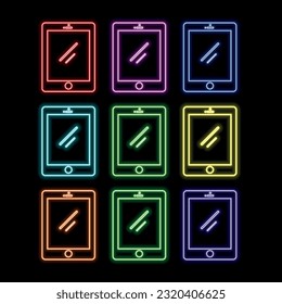Neon tablet icon. Glowing neon tablet sign, isolated device set in different vivid colors. Glossy icon, sign, symbol for UI design. Mobile device and gadget. vector illustration. many colors.