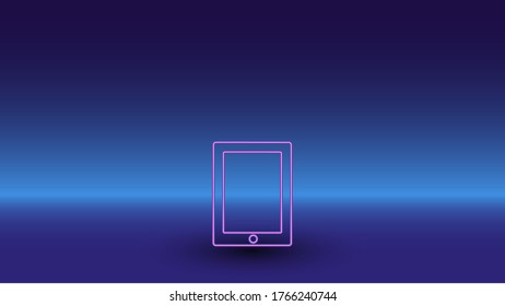 Neon tablet symbol on a gradient blue background. The isolated symbol is located in the bottom center. Gradient blue with light blue skyline