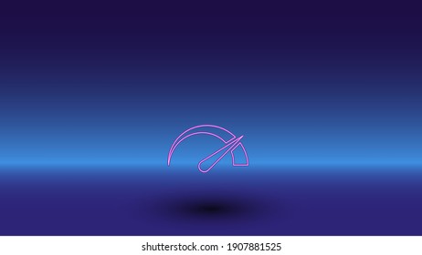 Símbolo de tacómetro neón sobre fondo azul gradiente. El símbolo aislado está situado en el centro inferior. Azul degradado con horizonte azul claro