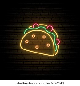 Neon Taco sign. Mexican snack tacos in bright light neon style. Food Vector illustration.