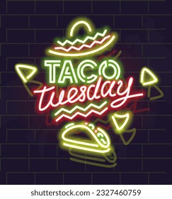 Neon taco tuesday poster. Typography with mexican food silhouette on brick wall background.