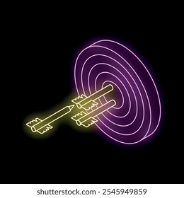 Neon target with arrows hitting the center is showing the concept of reaching business goals