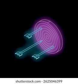 Neon target with arrows hitting the center, symbolizing business success, achievement, and goals