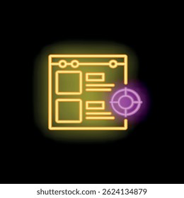 Neon target focusing on web page content representing targeted advertising strategy, marketing campaign, and online promotion