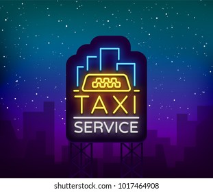 Neon Taxi logo isolated on a brick background. Silhouette badge glowing taxi. Design advertising night sign of the taxi brand