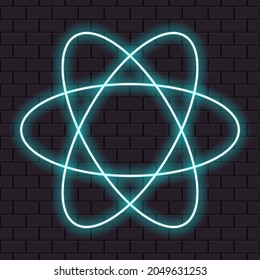 Neon teal frame, atom shape for banner or sign isolated on a dark brick wall.