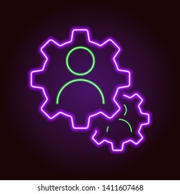 neon teamwork icon in the form of two gears on purple background