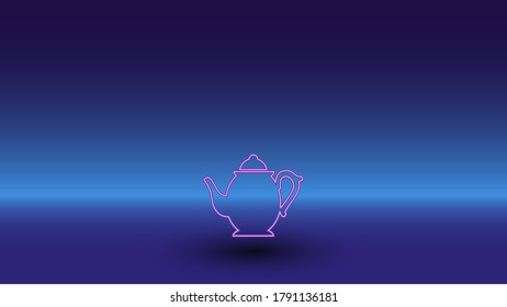 Neon teapot symbol on a gradient blue background. The isolated symbol is located in the bottom center. Gradient blue with light blue skyline