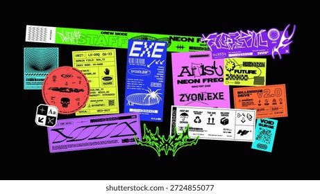 Neon tech emblems, typography stickers, sci-fi labels. Futuristic stickers and label elements in cyberpunk Y2K style. Colorful tech tags with lettering for streetwear, posters. Vector graphic set
