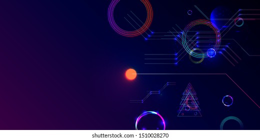 Neon techno christmas tree science space abstraction background. Cosmos blue dark retro futuristic