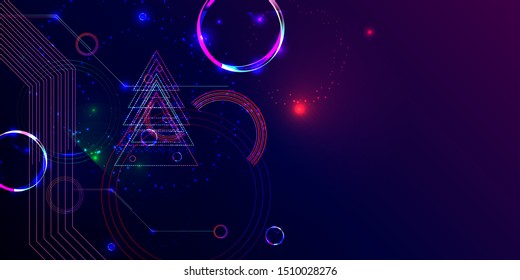 Neon techno christmas tree science space abstraction background. Cosmos blue dark retro futuristic