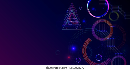 Neon techno christmas tree science space abstraction background. Cosmos blue dark retro futuristic