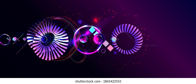 Neon techno christmas tree science space abstraction background. Cosmos blue dark retro futuristic 3d starry sky glowing galaxy and planets blue