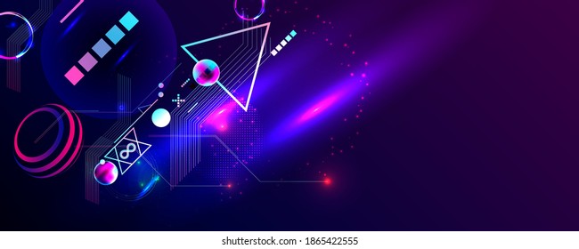 Neon techno christmas tree science space abstraction background. Cosmos blue dark retro futuristic 3d starry sky glowing galaxy and planets blue