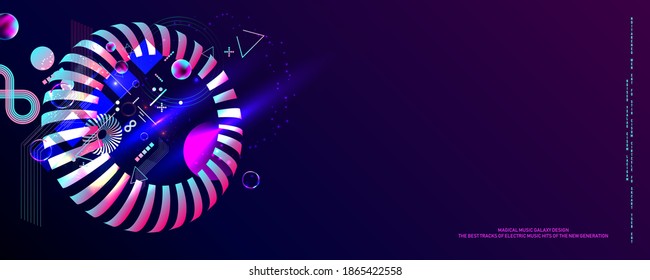 Antecedentes de abstracción espacial de la ciencia del árbol de navidad del tecno del neón. Cosmos azul oscuro retro futurista cielo estrellado 3d galaxia brillante y planetas azul