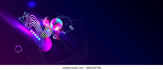 Neon techno christmas tree science space abstraction background. Cosmos blue dark retro futuristic 3d starry sky glowing galaxy and planets blue