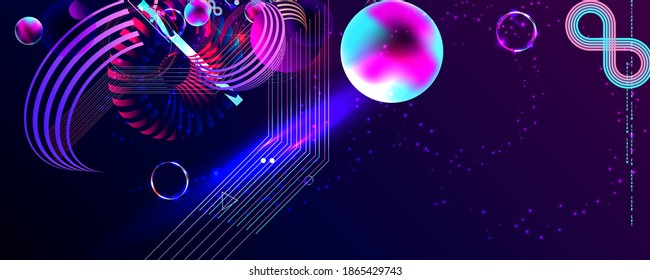 Neon techno christmas tree science space abstraction background. Cosmos blue dark retro futuristic 3d starry sky glowing galaxy and planets blue