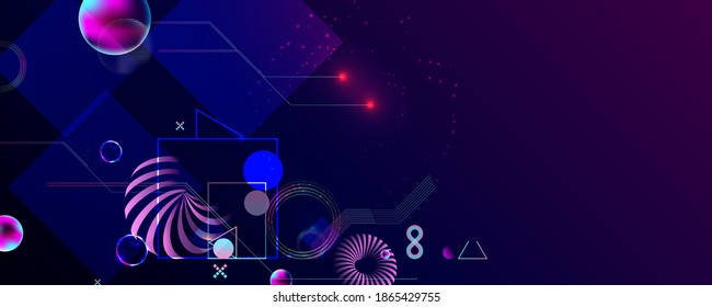Neon techno christmas tree science space abstraction background. Cosmos blue dark retro futuristic 3d starry sky glowing galaxy and planets blue