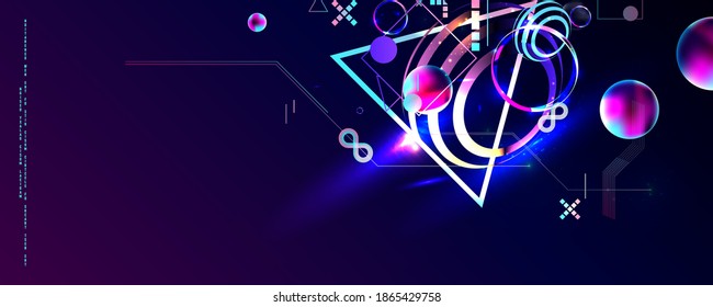 Neon techno christmas tree science space abstraction background. Cosmos blue dark retro futuristic 3d starry sky glowing galaxy and planets blue