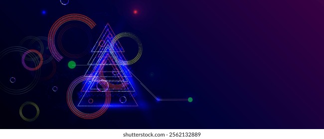 Neon techno christmas tree science space abstraction background. Cosmos blue dark retro futuristic 3d starry sky glowing galaxy and planets blue