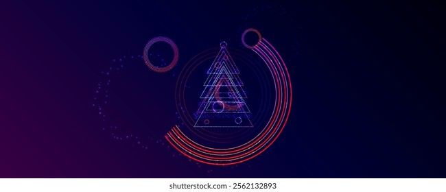 Neon techno christmas tree science space abstraction background. Cosmos blue dark retro futuristic 3d starry sky glowing galaxy and planets blue