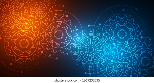 Neon technology background .Business concept.Technical drawing of gears .Rotating mechanism of round parts . Vector illustration.