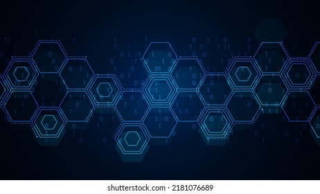 Neon technology background. Design chaotic communication network. Pattern connecting lines, dot, glow stars, zeros, ones, hexagon. Binary system. Poster presentations, business, logo, social networks.