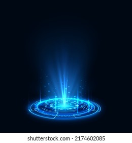 Neon teleportation portal, light aura and hologram. Vector illustration of light aura and glowing hologram on black background. Futuristic lighting and bright wrap, teleport sign