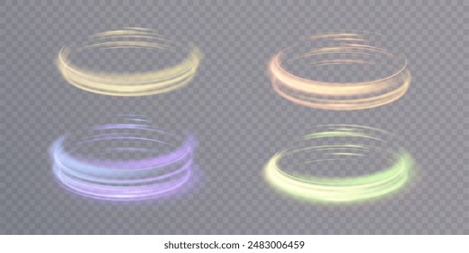Neon teleportation portal, light aura in space. The bright light of a futuristic teleport. Magic gate in a fantasy game. Vector for web design and illustrations