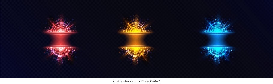 Neon teleportation portal, light aura in space. The bright light of a futuristic teleport. Magic gate in a fantasy game. Vector for web design and illustrations