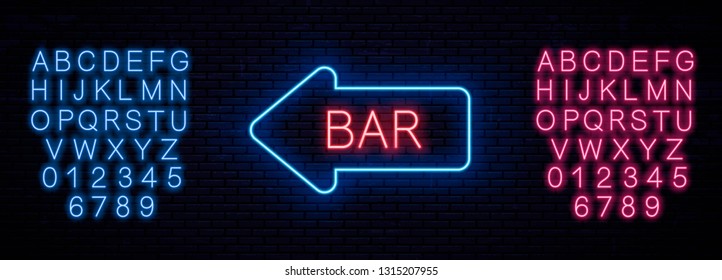 Neon template signboard Bar. Neon glow letters. English alphabet and numbers. Red and Blue.