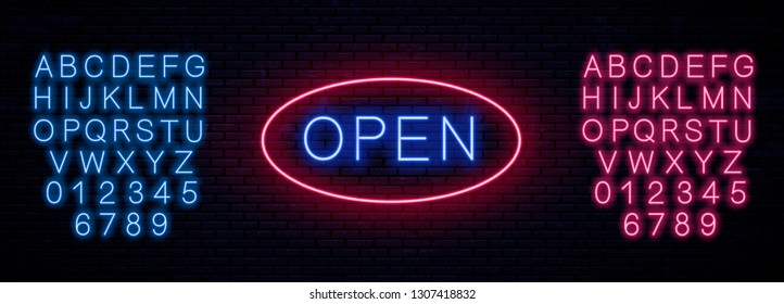 Neon template signboard Open. Neon glow letters. English alphabet and numbers. Red and Blue.