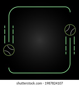 Neon tennis frame, modern glowing banner design, colorful modern design trend on black background. Vector illustration.