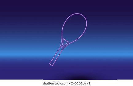 Neon tennis racket symbol on a gradient blue background. The isolated symbol is located in the bottom center. Gradient blue with light blue skyline