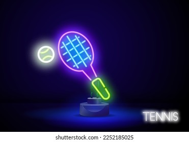 Racquet de tenis de neón con signo de bola. Icono de raqueta de neón brillante aislado en el fondo de la pared de ladrillo. Equipamiento deportivo. Ilustración vectorial.