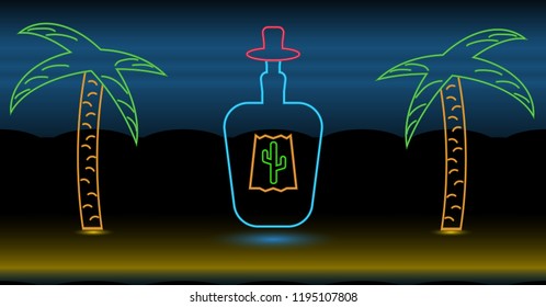 Neon tequilla on the beach with palm trees