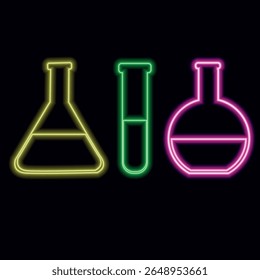 Tubos de ensaio de néon para experiências de estudo, com um efeito de brilho sobre um fundo escuro. Desenho vetorial no estilo de sinais de néon. Três vasos de diferentes formas e cores.