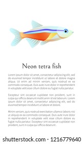 Neon tetra fish isolated on white. Freshwater aquarium pet silhouette hand drawn graphic icon on blank background cartoon style vector illustration