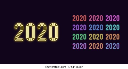 Neon text 2020, Year number. Set of glowing date 2020 in Neon style with transparent backlight. Vector kit, red pink purple violet blue azure green yellow orange color