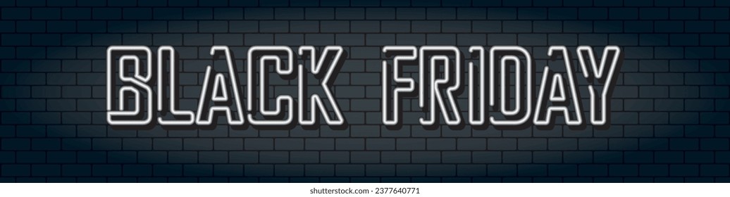 Neon text BLACK FRIDAY on horizontal black brick wall background. Vector illustration.