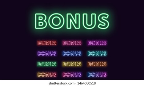 Neon text Bonus, expressive Title. Set of glowing Bonus word in Neon outline style with transparent backlight. Vector kit, red pink purple violet blue azure green yellow orange color