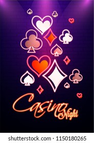 Neon text Casino Night with illustration of hearts, diamond, clover and ace on purple background.