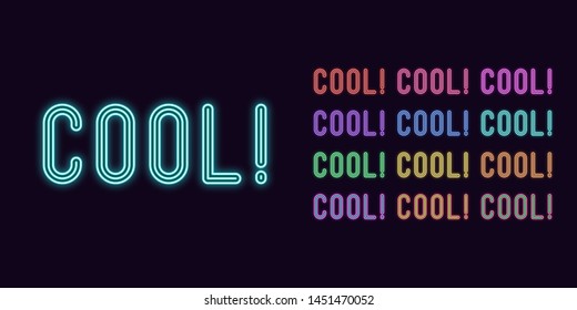 Neon text Cool, expressive Title. Set of glowing Cool word in Neon style with transparent backlight. Vector kit, red pink purple violet blue azure green yellow orange color
