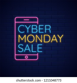 Neon text with Cyber Monday Sale with smartphone on glossy blue background.