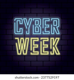 Neon text cyber week on square brick wall background. Vector illustration.